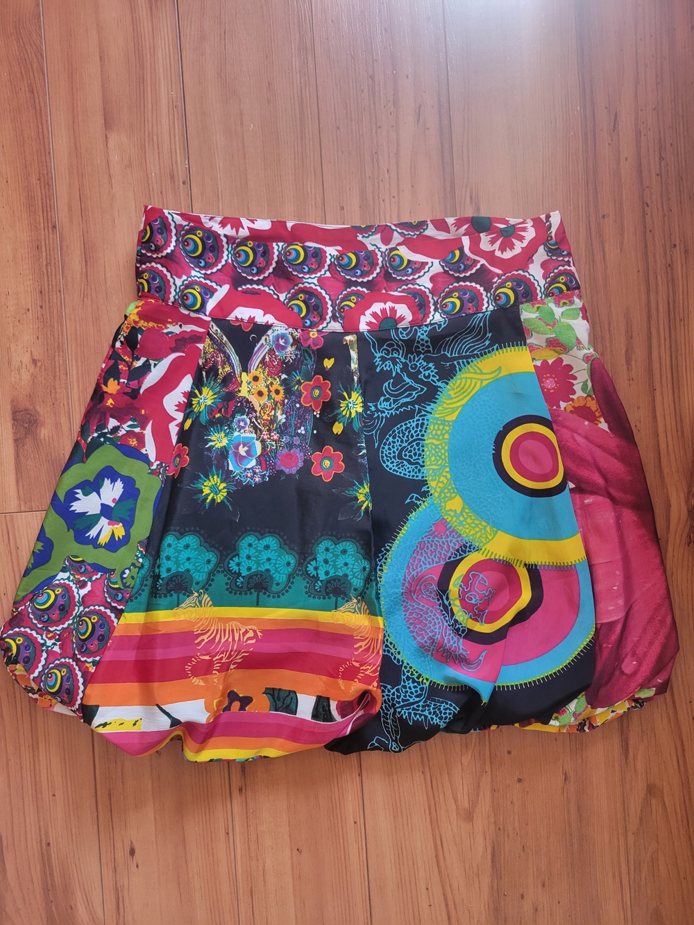 Desigual Multicolor Circle-Print Skater Skirt in Pink, Blue, Yellow & Green